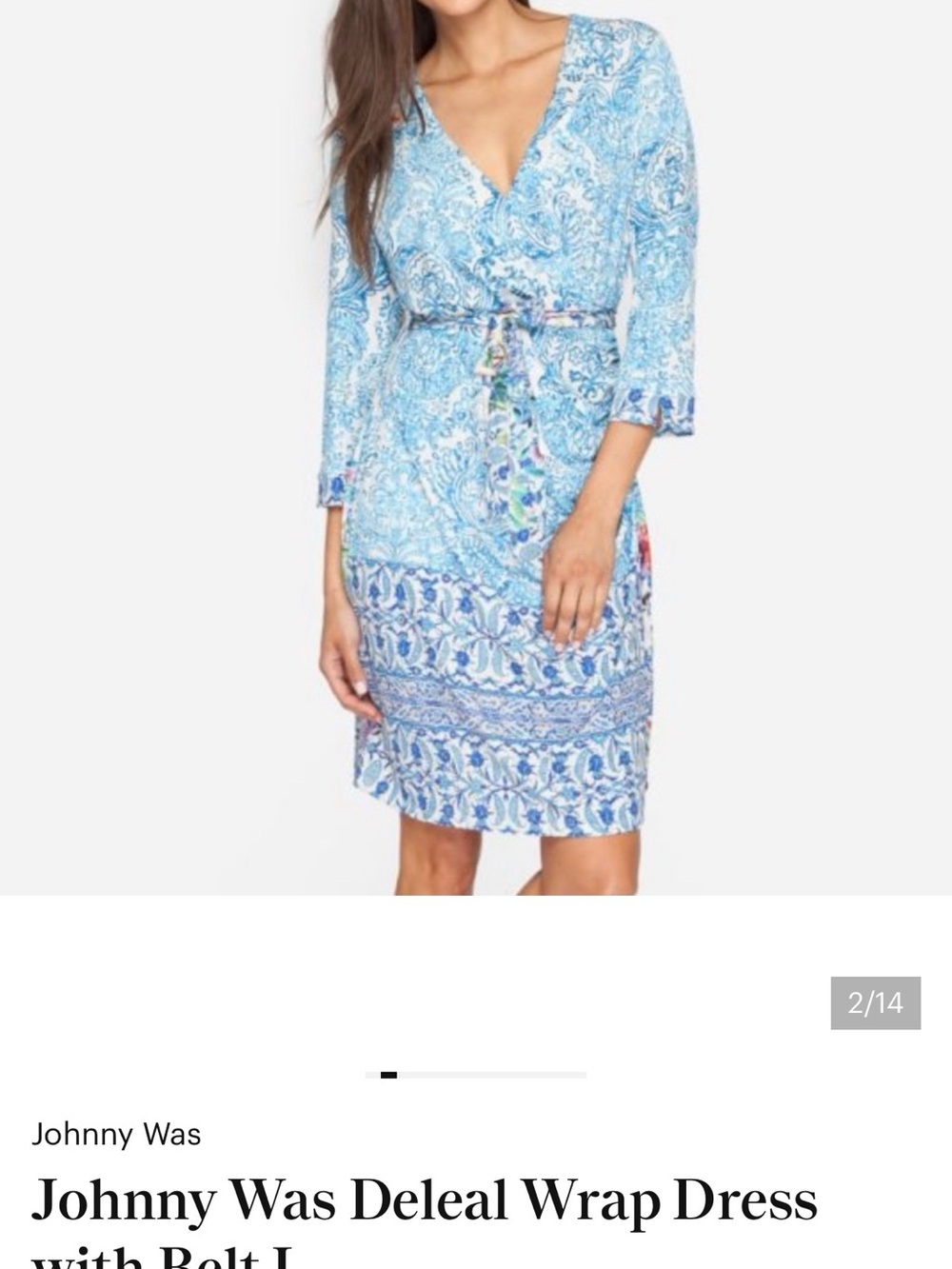 Johnny Was Deleal Blue and Cream Paisley Midi Wrap Dress